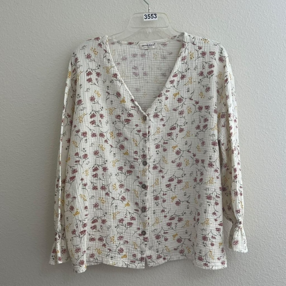 Anna-Kaci Womens Large Cream Floral Cotton Gauze Button Front Boho Blouse Top